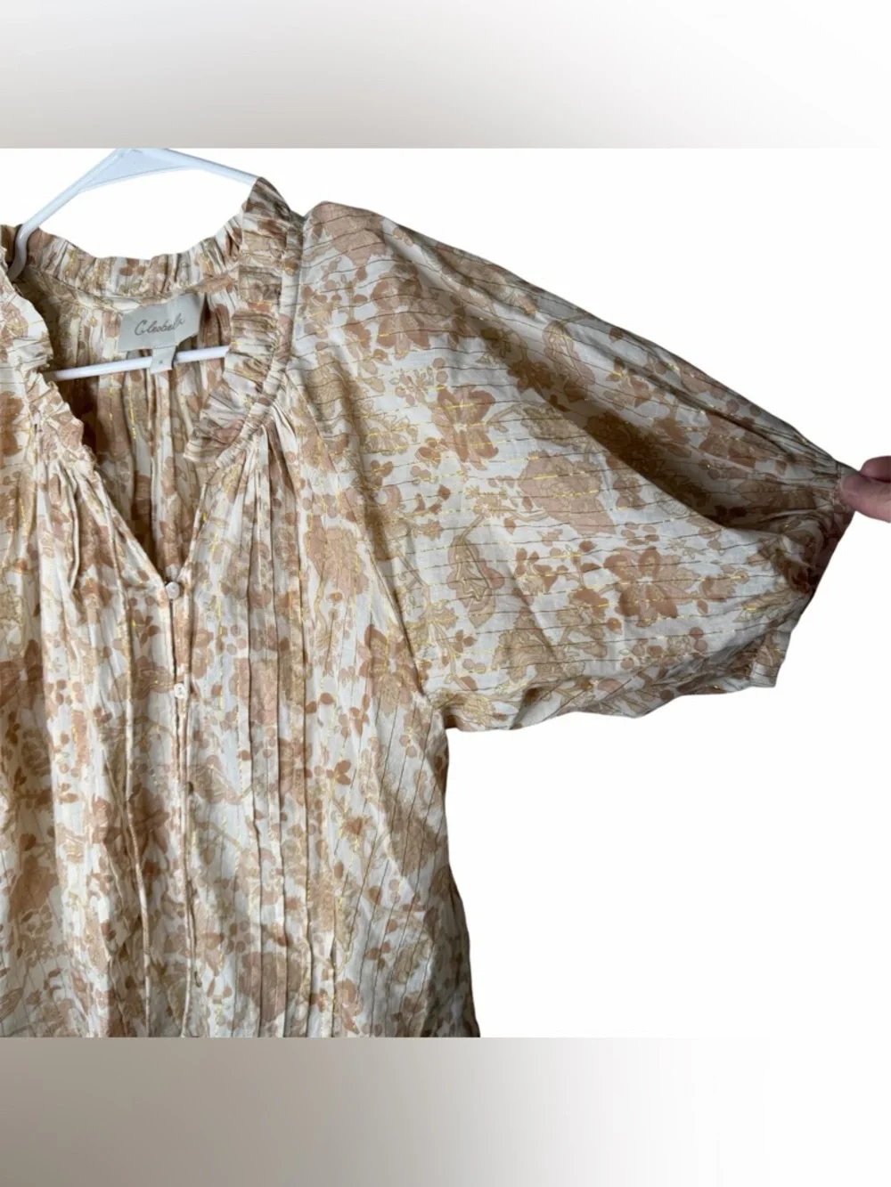 Cleobella Tan Metallic Stripe Floral Puff Sleeve Blouse Size Small Gold Cream - Picture 2 of 8